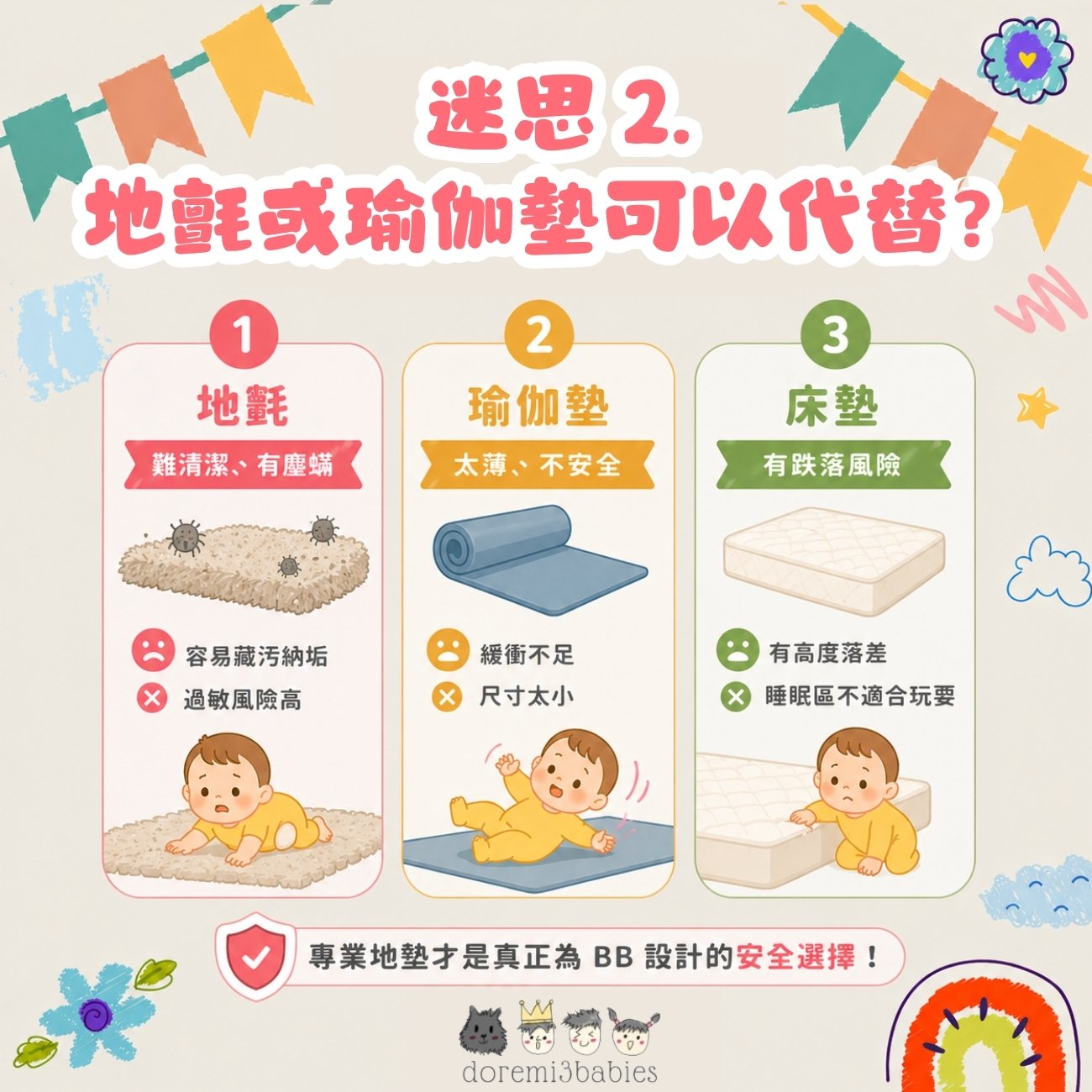 迷思二：地氈或瑜伽墊可以代替？安全隱患爸媽要知道