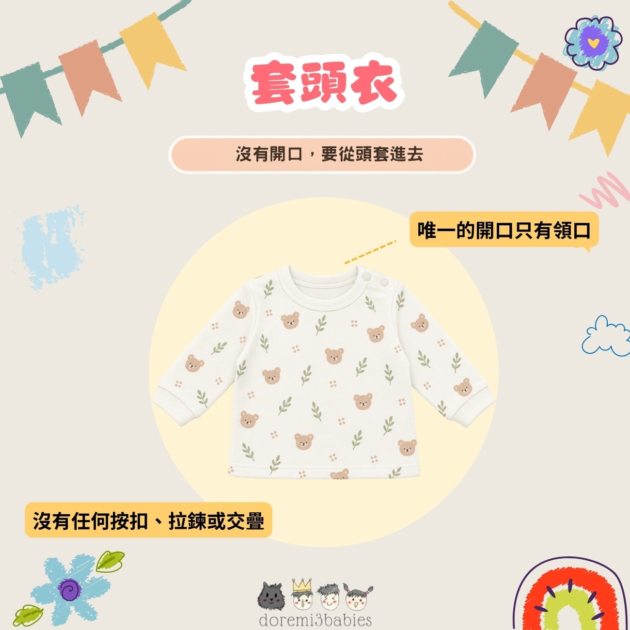 套頭衣：沒有開口，要從頭套進去